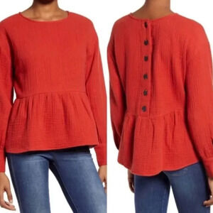 Women's Red Button-Back Peplum Top